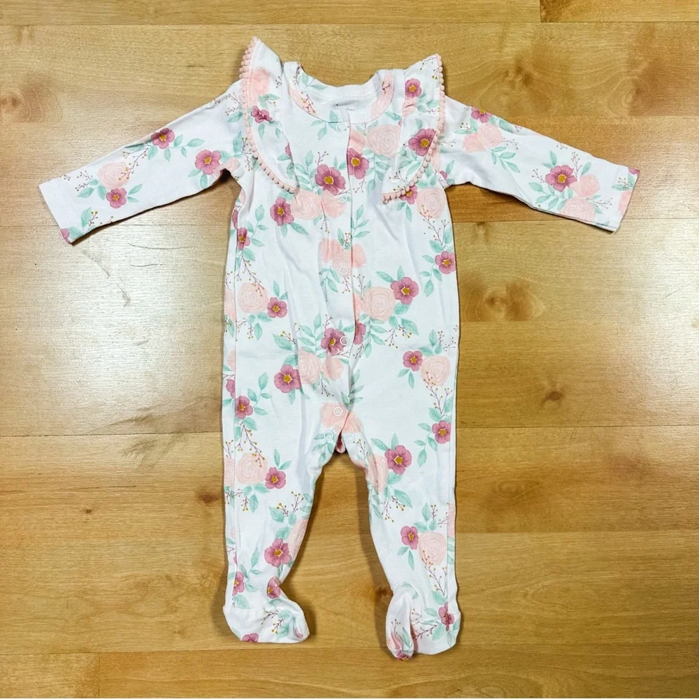 Catherine Malandrino Floral Ruffle Snap Closure Cotton Footie Baby Girl 3-6M